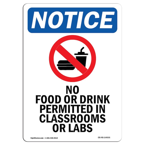 Safety Sign, OSHA Notice, 18" Height, No Food Or Drink Permitted Sign With Symbol, Portrait
